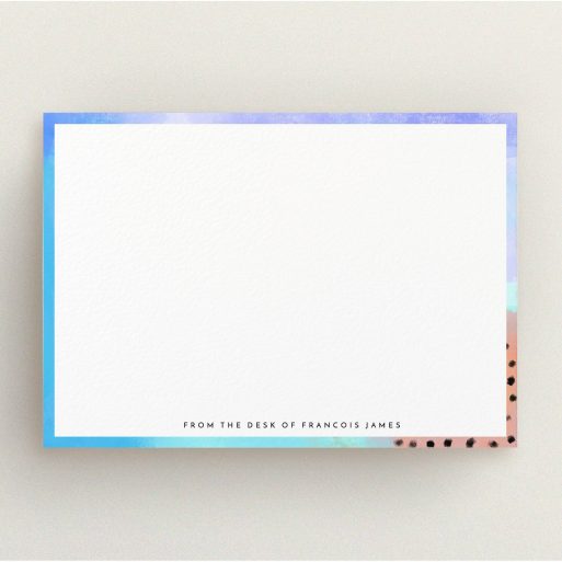 Personalised Note Card Design for Men - "Abstract Pastel" A men personalised note card named "Abstract Pastel". It is an A5 card in a landscape orientation. "Abstract Pastel" is available as a flat card, with tones of blue, light blue and light red.