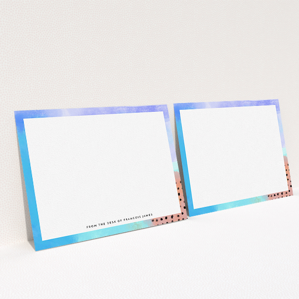 A men personalised note card named "Abstract Pastel". It is an A5 card in a landscape orientation. "Abstract Pastel" is available as a flat card, with tones of blue, light blue and light red.