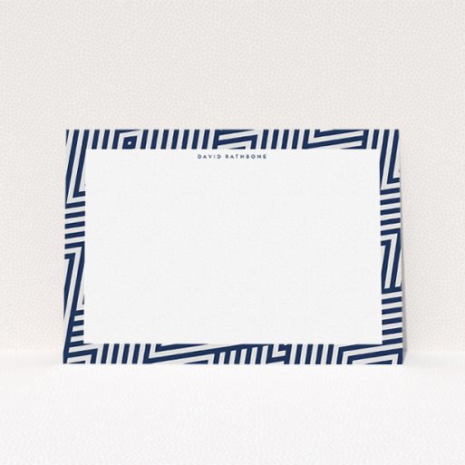 A men personalised note card design named "All the lines". It is an A5 card in a landscape orientation. "All the lines" is available as a flat card, with tones of blue and white.