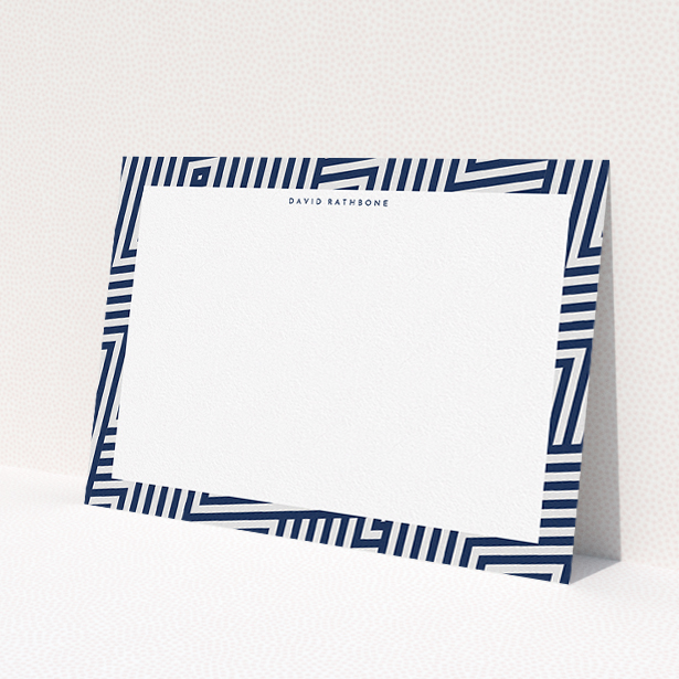 A men personalised note card design named 'All the lines'. It is an A5 card in a landscape orientation. 'All the lines' is available as a flat card, with tones of blue and white.