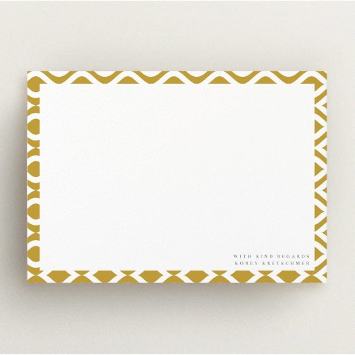 Personalised Note Card Design for Men - "Arab swirls" A men personalised note card named "Arab swirls". It is an A5 card in a landscape orientation. "Arab swirls" is available as a flat card, with tones of gold and white.