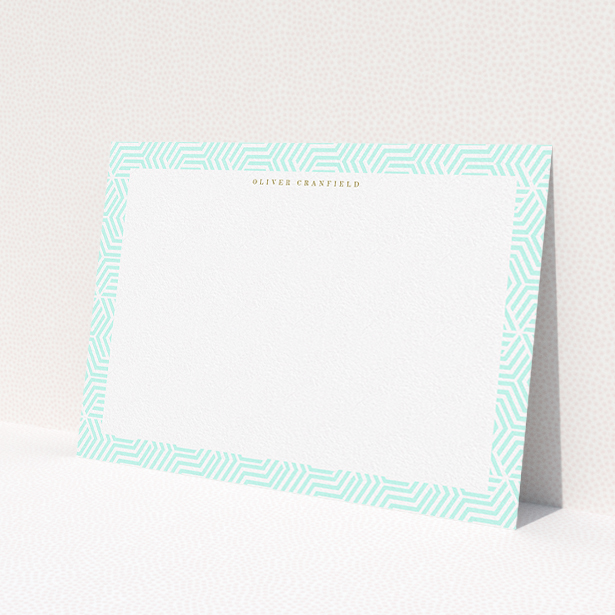 A men personalised note card design named 'Around the corner'. It is an A5 card in a landscape orientation. 'Around the corner' is available as a flat card, with tones of green and white.