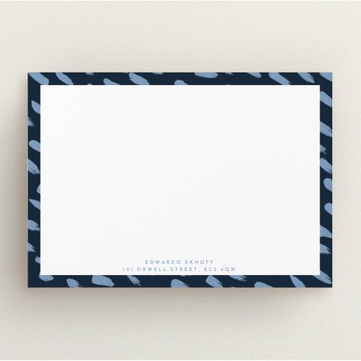 Personalised Note Card Design for Men - "Blue smudges" A men personalised note card template titled "Blue smudges". It is an A5 card in a landscape orientation. "Blue smudges" is available as a flat card, with tones of blue and white.