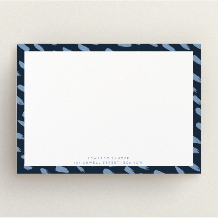 A men personalised note card template titled "Blue smudges". It is an A5 card in a landscape orientation. "Blue smudges" is available as a flat card, with tones of blue and white.