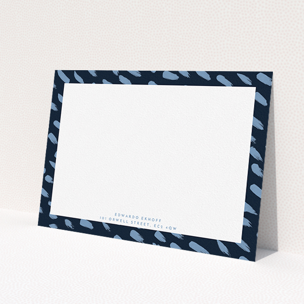 A men personalised note card template titled "Blue smudges". It is an A5 card in a landscape orientation. "Blue smudges" is available as a flat card, with tones of blue and white.