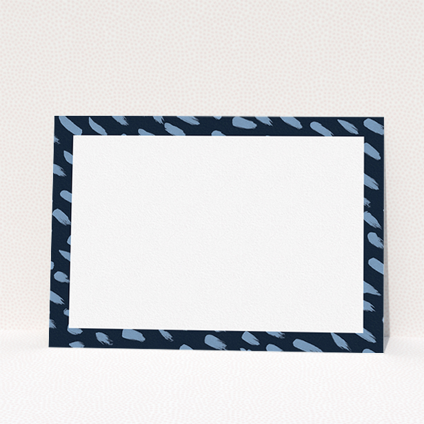 A men personalised note card template titled "Blue smudges". It is an A5 card in a landscape orientation. "Blue smudges" is available as a flat card, with tones of blue and white.