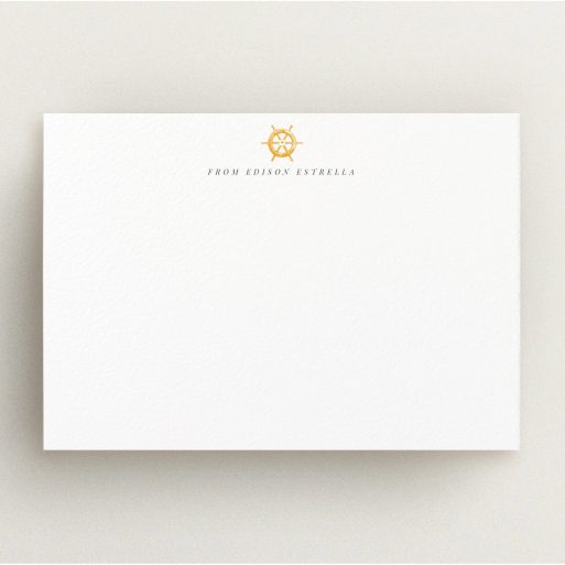 Personalised Note Card Design for Men - "Captains orders" A men personalised note card design named "Captains orders". It is an A5 card in a landscape orientation. "Captains orders" is available as a flat card, with tones of white and orange.