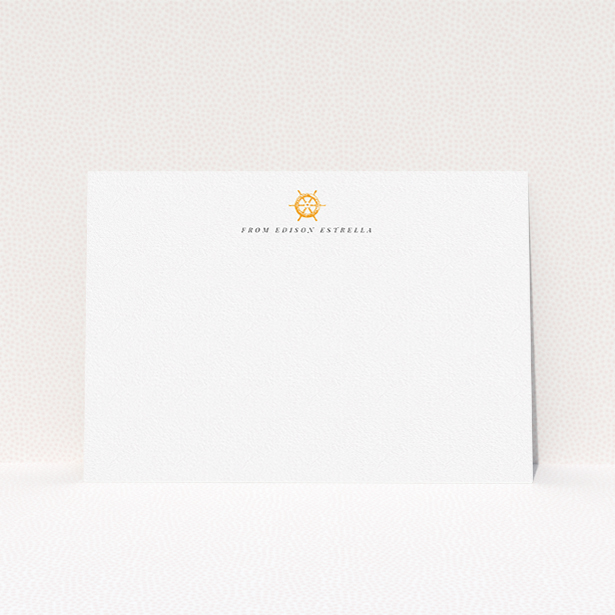 A men personalised note card design named "Captains orders". It is an A5 card in a landscape orientation. "Captains orders" is available as a flat card, with tones of white and orange.