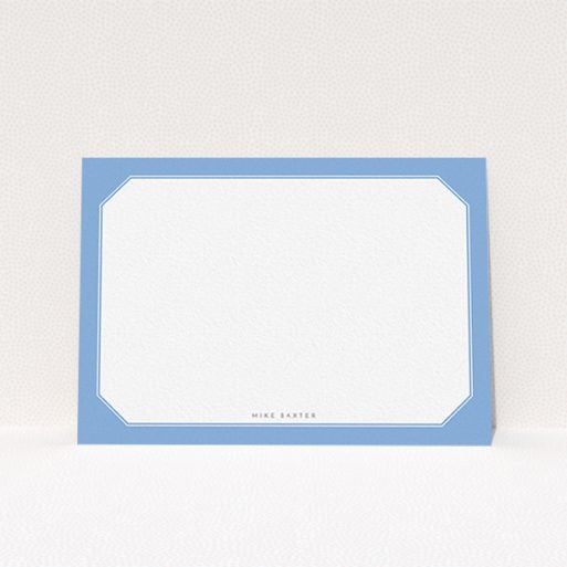A men personalised note card design called "Classic blue". It is an A6 card in a landscape orientation. "Classic blue" is available as a flat card, with tones of blue and white.