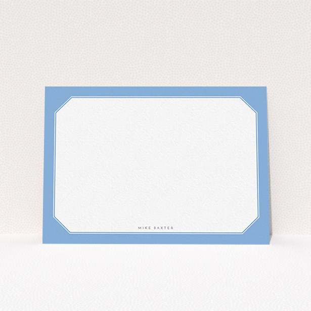 A men personalised note card design called "Classic blue". It is an A6 card in a landscape orientation. "Classic blue" is available as a flat card, with tones of blue and white.