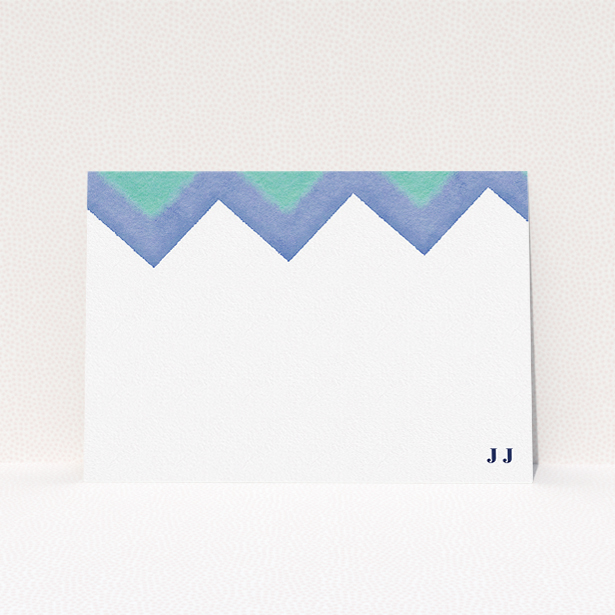 A men personalised note card template titled "Colour Peaks". It is an A5 card in a landscape orientation. "Colour Peaks" is available as a flat card, with tones of blue, green and navy blue.