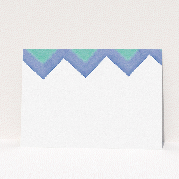 A men personalised note card template titled "Colour Peaks". It is an A5 card in a landscape orientation. "Colour Peaks" is available as a flat card, with tones of blue, green and navy blue.