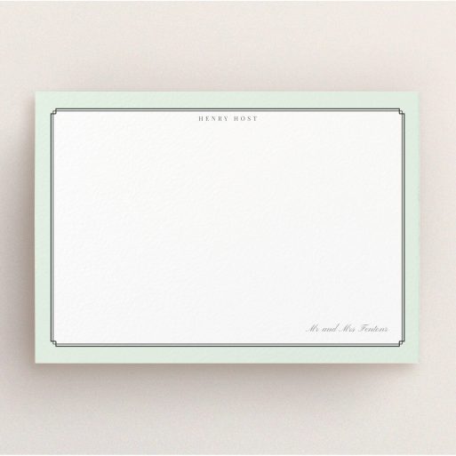 Personalised Note Card Design for Men - "Deco mint" A men personalised note card design called "Deco mint". It is an A5 card in a landscape orientation. "Deco mint" is available as a flat card, with tones of green and white.