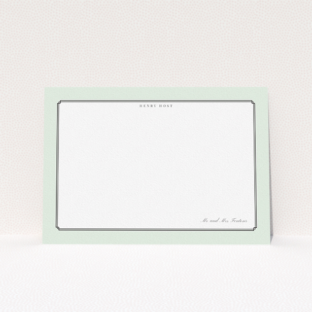 A men personalised note card design called "Deco mint". It is an A5 card in a landscape orientation. "Deco mint" is available as a flat card, with tones of green and white.