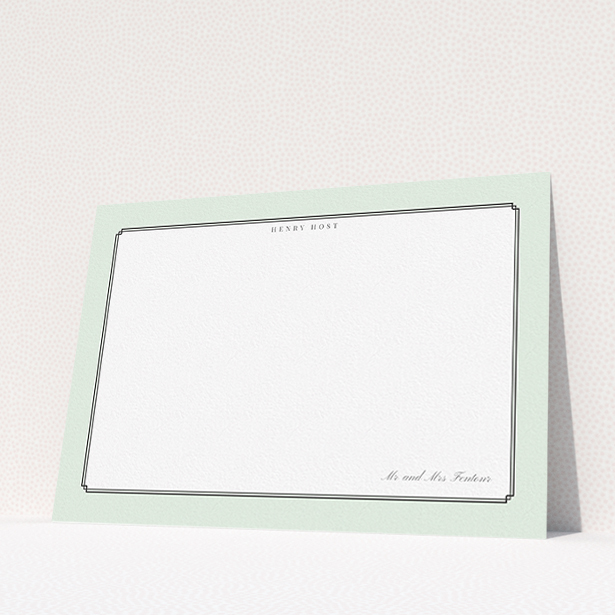 A men personalised note card design called "Deco mint". It is an A5 card in a landscape orientation. "Deco mint" is available as a flat card, with tones of green and white.