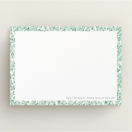 Personalised Note Card Design for Men - "From the hedge " A men personalised note card called "From the hedge ". It is an A5 card in a landscape orientation. "From the hedge " is available as a flat card, with tones of green and white.