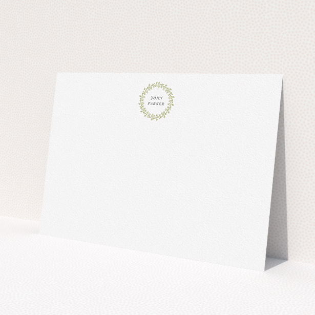 A men personalised note card template titled 'Garland at dawn'. It is an A5 card in a landscape orientation. 'Garland at dawn' is available as a flat card, with tones of white and Gold.