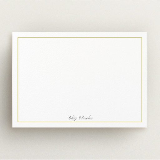 Personalised Note Card Design for Men - "Gold border" A men personalised note card design called "Gold border". It is an A5 card in a landscape orientation. "Gold border" is available as a flat card, with tones of white and Gold.