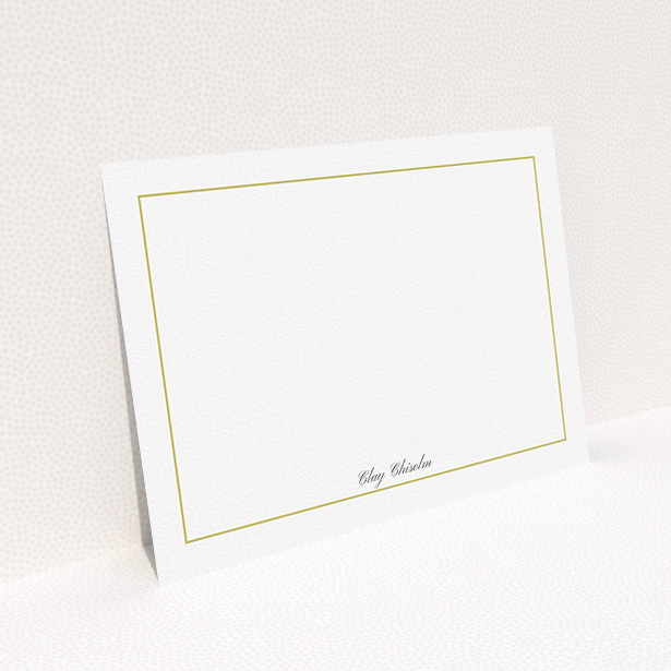 A men personalised note card design called "Gold border". It is an A5 card in a landscape orientation. "Gold border" is available as a flat card, with tones of white and Gold.