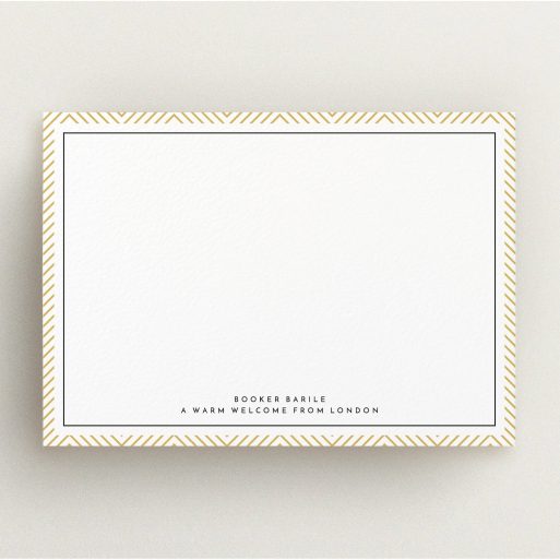 Personalised Note Card Design for Men - "Golden Lines" A men personalised note card design called "Golden Lines". It is an A5 card in a landscape orientation. "Golden Lines" is available as a flat card, with tones of gold and white.