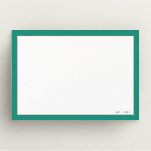 Personalised Note Card Design for Men - "Green and Salmon border" A men personalised note card template titled "Green and Salmon border". It is an A5 card in a landscape orientation. "Green and Salmon border" is available as a flat card, with tones of green and white.