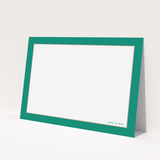 A men personalised note card template titled 'Green and Salmon border'. It is an A5 card in a landscape orientation. 'Green and Salmon border' is available as a flat card, with tones of green and white.