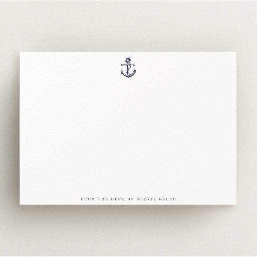 Personalised Note Card Design for Men - "Land ahoy" A men personalised note card named "Land ahoy". It is an A5 card in a landscape orientation. "Land ahoy" is available as a flat card, with tones of white and Navy blue.