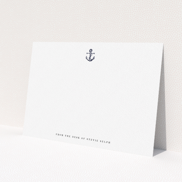 A men personalised note card named "Land ahoy". It is an A5 card in a landscape orientation. "Land ahoy" is available as a flat card, with tones of white and Navy blue.