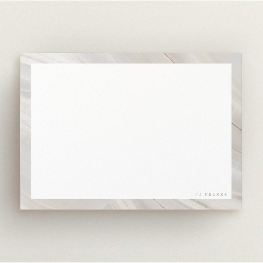 Personalised Note Card Design for Men - "Marbles Wells" A men personalised note card called "Marbles Wells". It is an A5 card in a landscape orientation. "Marbles Wells" is available as a flat card, with tones of grey and white.