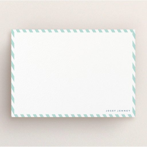 Personalised Note Card Design for Men - "Mint Diagonals" A men personalised note card design titled "Mint Diagonals". It is an A5 card in a landscape orientation. "Mint Diagonals" is available as a flat card, with tones of green and white.