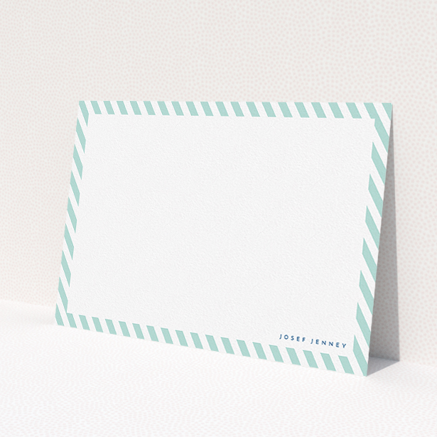 A men personalised note card design titled "Mint Diagonals". It is an A5 card in a landscape orientation. "Mint Diagonals" is available as a flat card, with tones of green and white.
