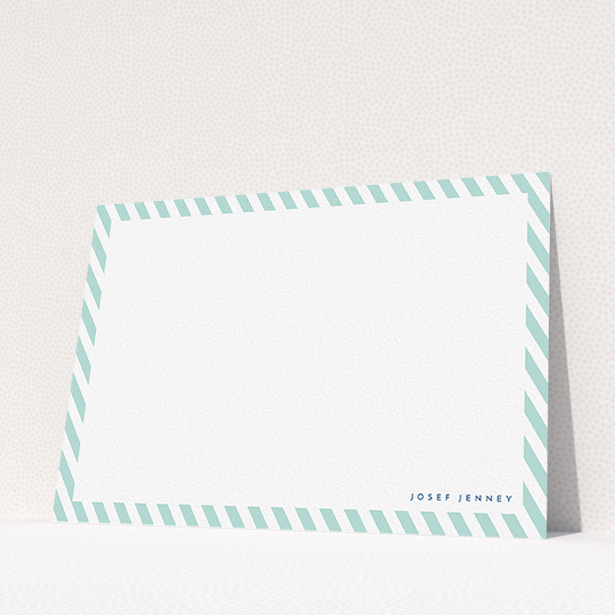 A men personalised note card design titled "Mint Diagonals". It is an A5 card in a landscape orientation. "Mint Diagonals" is available as a flat card, with tones of green and white.