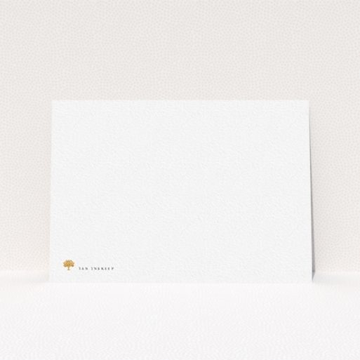 A men personalised note card design named "Oak in the field". It is an A6 card in a landscape orientation. "Oak in the field" is available as a flat card, with tones of white and Dark orange.