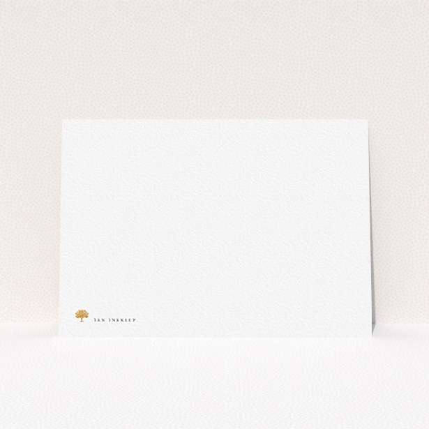 A men personalised note card design named "Oak in the field". It is an A6 card in a landscape orientation. "Oak in the field" is available as a flat card, with tones of white and Dark orange.