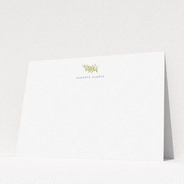 A men personalised note card template titled "Olive stamp". It is an A5 card in a landscape orientation. "Olive stamp" is available as a flat card, with tones of white and gold.