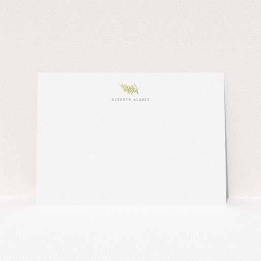 A men personalised note card called "Olive stamp". It is an A6 card in a landscape orientation. "Olive stamp" is available as a flat card, with tones of white and gold.