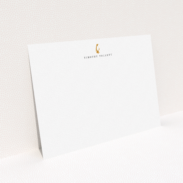 A men personalised note card design titled "One little penguin". It is an A5 card in a landscape orientation. "One little penguin" is available as a flat card, with tones of white and Dark orange.