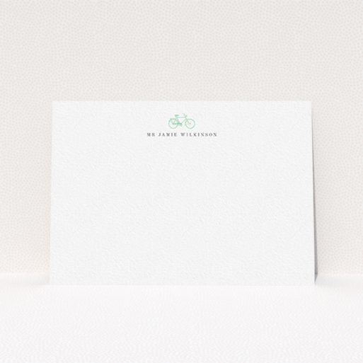 A men personalised note card design named "Oxford bike". It is an A6 card in a landscape orientation. "Oxford bike" is available as a flat card, with tones of white and green.