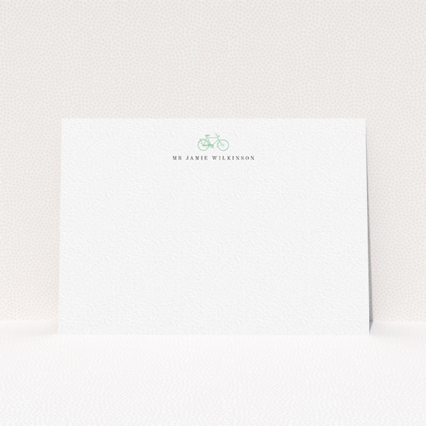 A men personalised note card design named "Oxford bike". It is an A6 card in a landscape orientation. "Oxford bike" is available as a flat card, with tones of white and green.