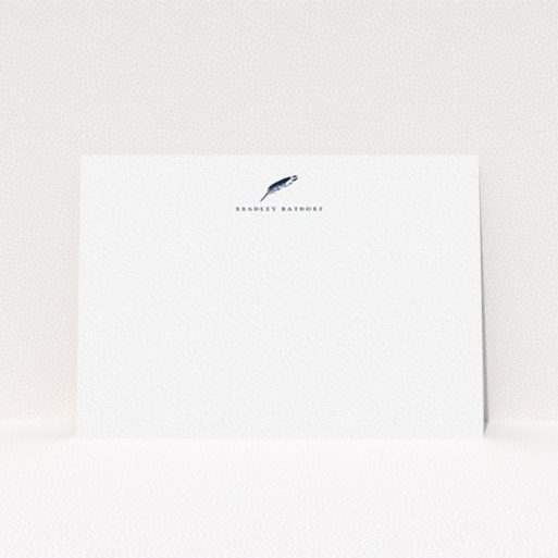 A men personalised note card template titled "Remember the pen". It is an A6 card in a landscape orientation. "Remember the pen" is available as a flat card, with tones of white and blue.
