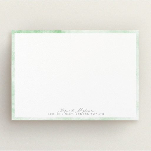 Personalised Note Card Design for Men - "Rustic Green" A men personalised note card design named "Rustic Green". It is an A5 card in a landscape orientation. "Rustic Green" is available as a flat card, with tones of green and white.