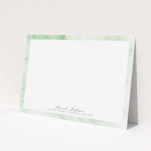 A men personalised note card design named 'Rustic Green'. It is an A5 card in a landscape orientation. 'Rustic Green' is available as a flat card, with tones of green and white.