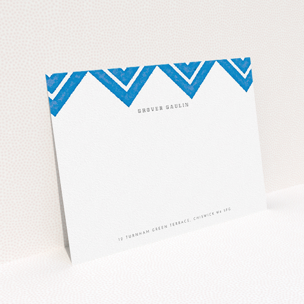 A men personalised note card template titled "Skiapthos". It is an A5 card in a landscape orientation. "Skiapthos" is available as a flat card, with tones of blue and white.
