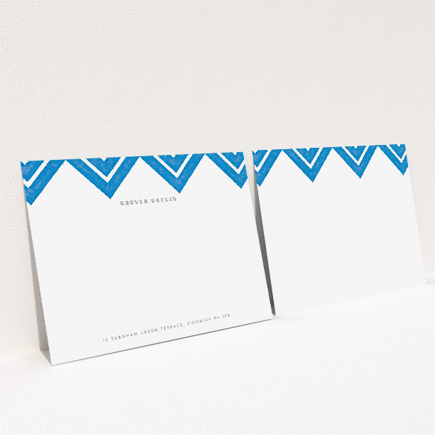 A men personalised note card template titled "Skiapthos". It is an A5 card in a landscape orientation. "Skiapthos" is available as a flat card, with tones of blue and white.