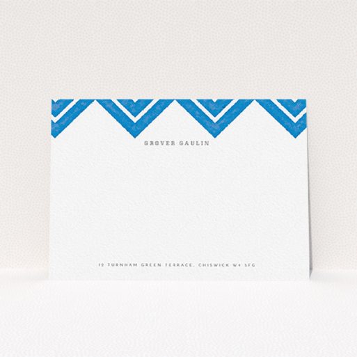 A men personalised note card design titled "Skiapthos". It is an A6 card in a landscape orientation. "Skiapthos" is available as a flat card, with tones of blue and white.