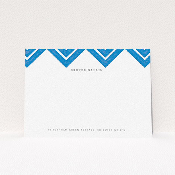 A men personalised note card design titled "Skiapthos". It is an A6 card in a landscape orientation. "Skiapthos" is available as a flat card, with tones of blue and white.