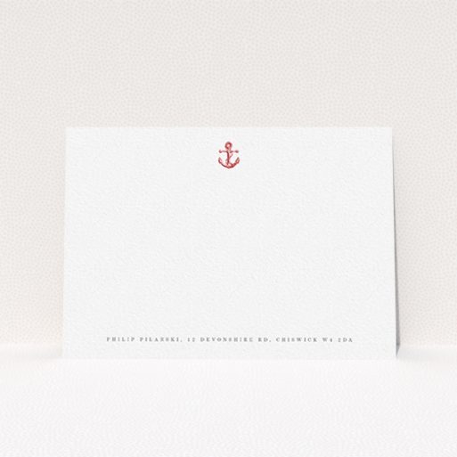 A men personalised note card design titled "Steamboat". It is an A6 card in a landscape orientation. "Steamboat" is available as a flat card, with tones of white and red.