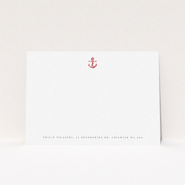A men personalised note card design titled "Steamboat". It is an A6 card in a landscape orientation. "Steamboat" is available as a flat card, with tones of white and red.