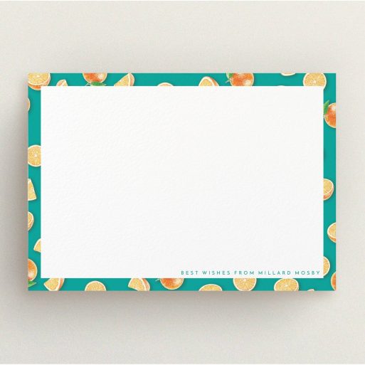 Personalised Note Card Design for Men - "Summer oranges" A men personalised note card named "Summer oranges". It is an A5 card in a landscape orientation. "Summer oranges" is available as a flat card, with tones of orange and blue.