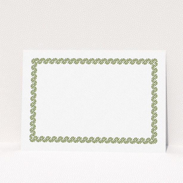 A men personalised note card design titled "Surrounded by the garden". It is an A5 card in a landscape orientation. "Surrounded by the garden" is available as a flat card, with mainly forest green colouring.